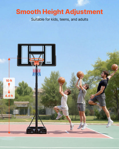 Portable Basketball Stand, 4.4 ft to 10 ft Height Adjustment Basketball Hoop & Goal, Adjustable Basketballs Goal System with Built-in Rolling Wheels for Kids, Teens, Adults in Driveways, Pools