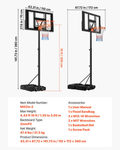 Portable Basketball Stand, 4.4 ft to 10 ft Height Adjustment Basketball Hoop & Goal, Adjustable Basketballs Goal System with Built-in Rolling Wheels for Kids, Teens, Adults in Driveways, Pools