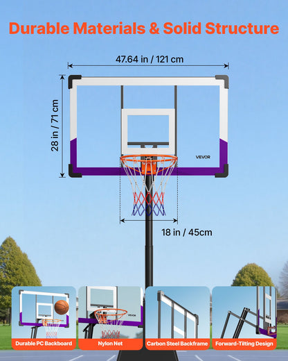 Portable Basketball Stand, 10 ft Height Adjustment Basketball Hoop & Goal, Basketballs Hoop Outdoor with 48 inch PC Backboard for Kids, Adults in Schools, Parks, Indoor & Outdoor Use