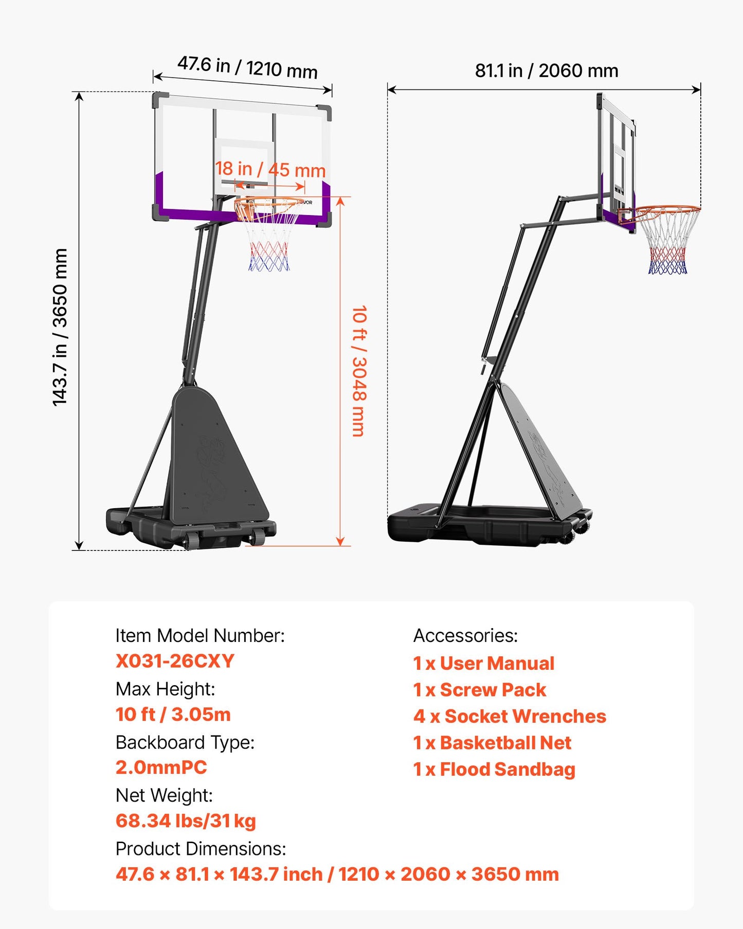 Portable Basketball Stand, 10 ft Height Adjustment Basketball Hoop & Goal, Basketballs Hoop Outdoor with 48 inch PC Backboard for Kids, Adults in Schools, Parks, Indoor & Outdoor Use