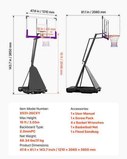 Portable Basketball Stand, 10 ft Height Adjustment Basketball Hoop & Goal, Basketballs Hoop Outdoor with 48 inch PC Backboard for Kids, Adults in Schools, Parks, Indoor & Outdoor Use