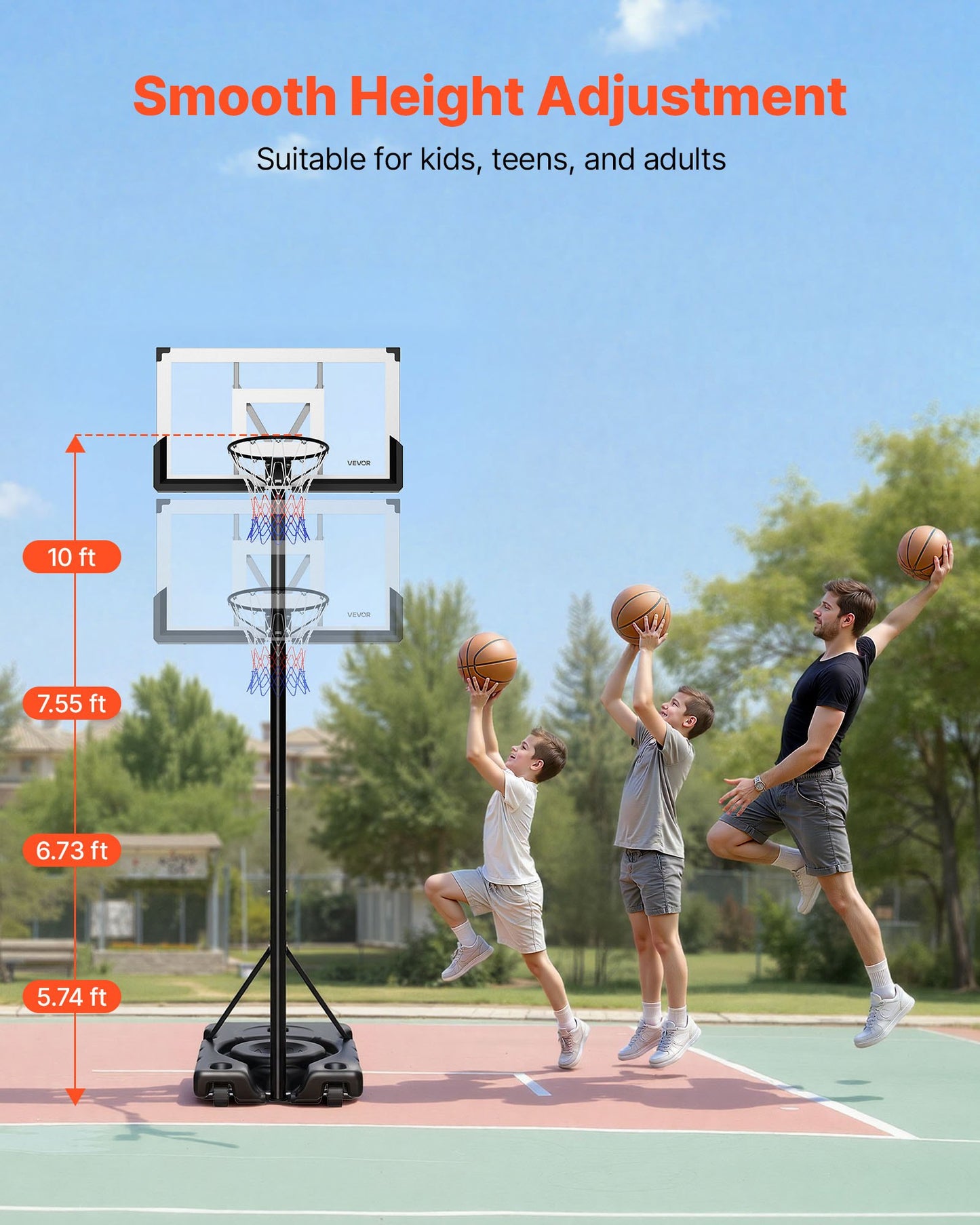 Portable Basketball Stand, 10 ft Height Adjustment Basketball Hoop & Goal, Portable Basketballs Hoop with 48 inch PC Backboard & Wheels for Kids, Teens, Adults in Driveways, Pools, Schools