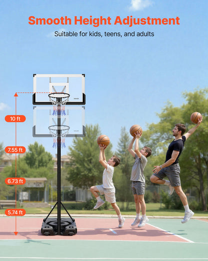 Portable Basketball Stand, 10 ft Height Adjustment Basketball Hoop & Goal, Portable Basketballs Hoop with 48 inch PC Backboard & Wheels for Kids, Teens, Adults in Driveways, Pools, Schools