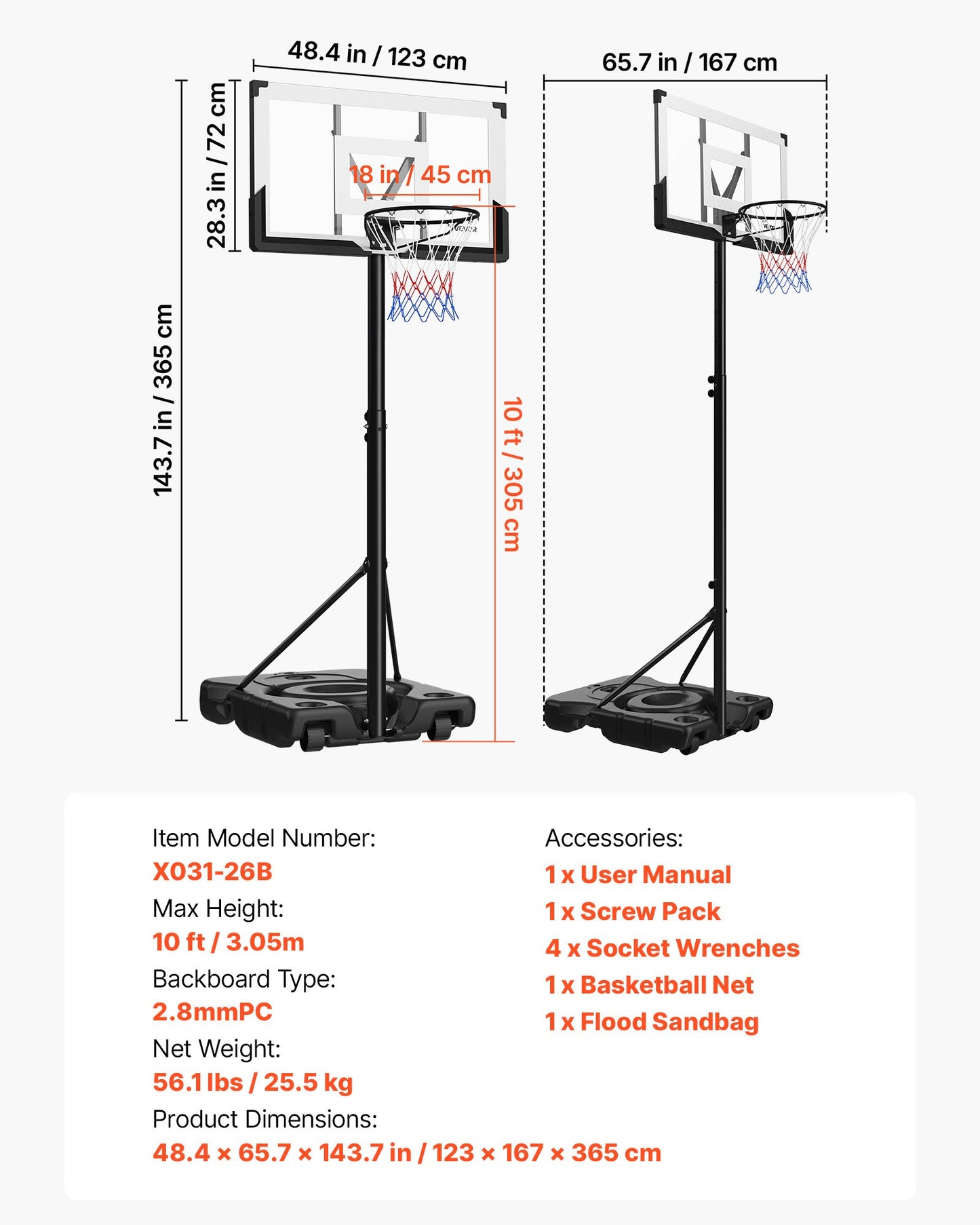 Portable Basketball Stand, 10 ft Height Adjustment Basketball Hoop & Goal, Portable Basketballs Hoop with 48 inch PC Backboard & Wheels for Kids, Teens, Adults in Driveways, Pools, Schools