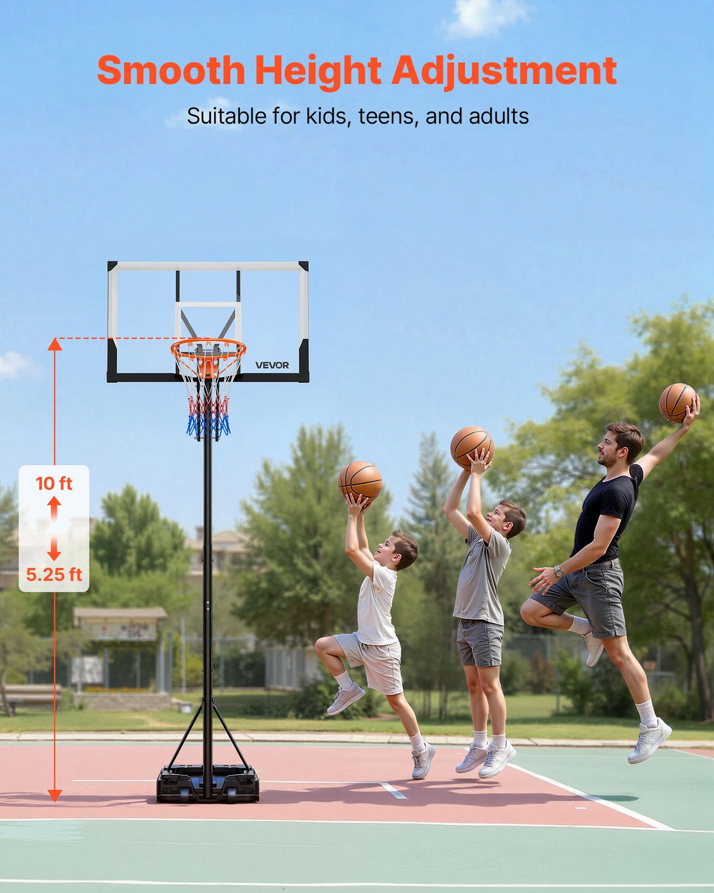 Portable Basketball Stand, 5.25 to 10 ft Height Adjustment Basketball Hoop & Goal, Portable Basketballs Hoop with 48 inch PC Backboard & Wheels for Kids, Teens, Adults in Driveways, Pools