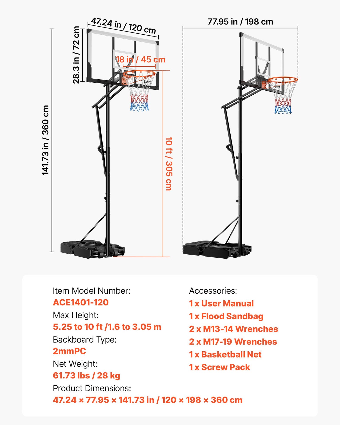 Portable Basketball Stand, 5.25 to 10 ft Height Adjustment Basketball Hoop & Goal, Portable Basketballs Hoop with 48 inch PC Backboard & Wheels for Kids, Teens, Adults in Driveways, Pools
