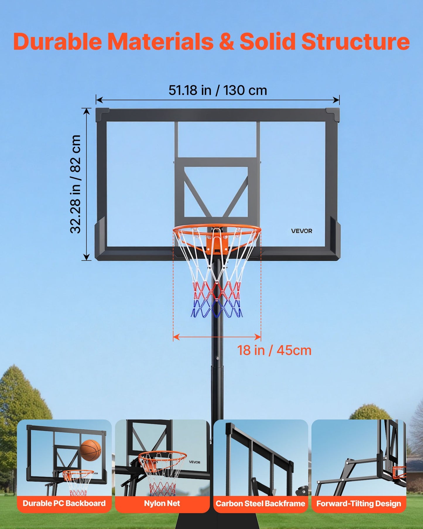 Portable Basketball Stand, 10 ft Height Adjustment Basketball Hoop & Goal, Basketballs Hoop Outdoor with 50 inch PC Backboard for Kids, Adults in Schools, Parks, Indoor & Outdoor Use