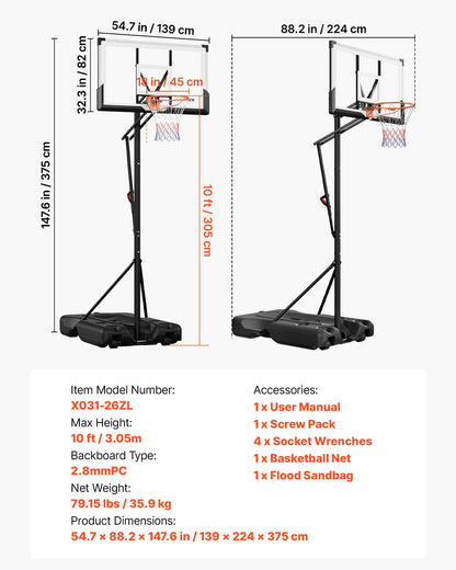 Portable Basketball Stand, 10 ft Height Adjustment Basketball Hoop & Goal, Portable Basketballs Hoop with 54 inch PC Backboard & Wheels for Kids, Teens, Adults in Driveways, Pools, Schools
