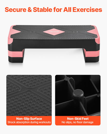 Aerobic Exercise Step Platform, 28-Inch Workout Aerobic Stepper, Height Adjustable Fitness Training Step Deck Trainer with 4 Risers, Non-Slip Surface Bench for Home Gym Cardio Strength, Red