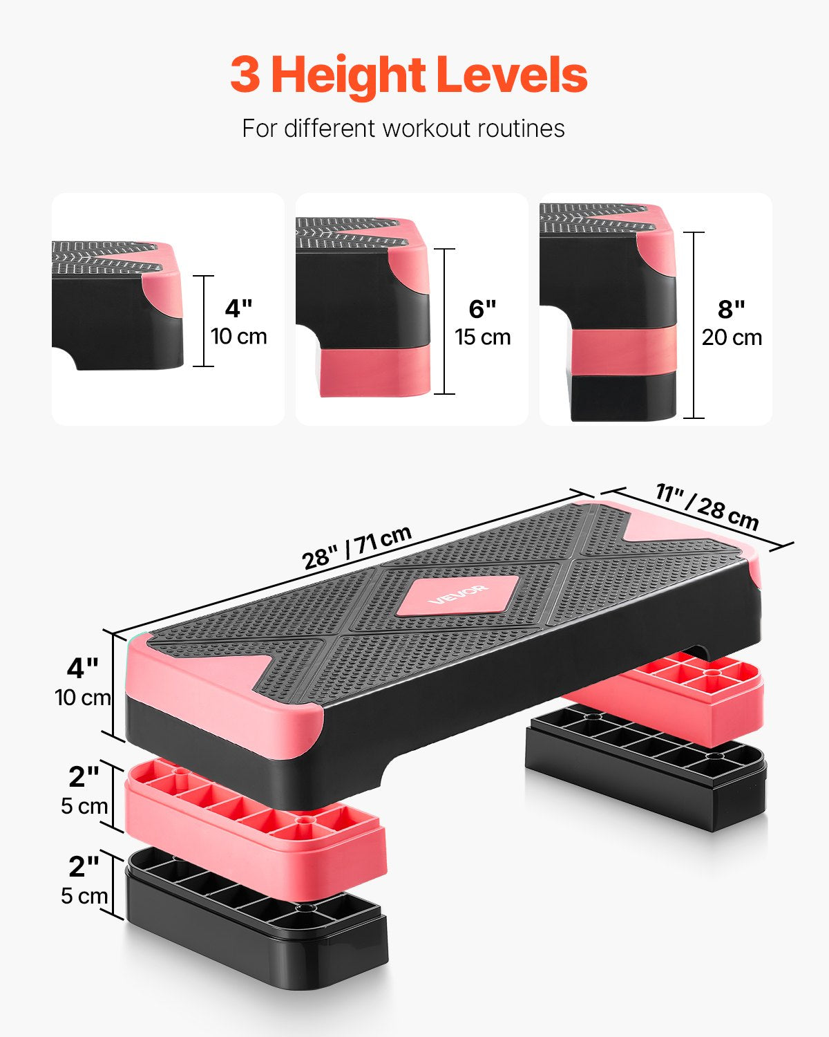 Aerobic Exercise Step Platform, 28-Inch Workout Aerobic Stepper, Height Adjustable Fitness Training Step Deck Trainer with 4 Risers, Non-Slip Surface Bench for Home Gym Cardio Strength, Red