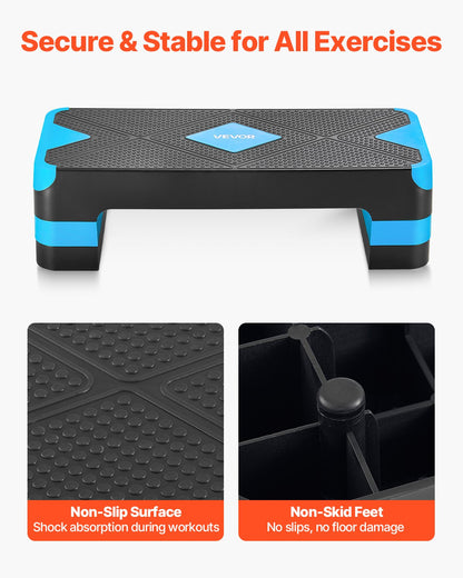Aerobic Exercise Step Platform, 28-Inch Workout Aerobic Stepper, Height Adjustable Fitness Training Step Deck Trainer with 4 Risers, Non-Slip Surface Bench for Home Gym Cardio Strength, Blue