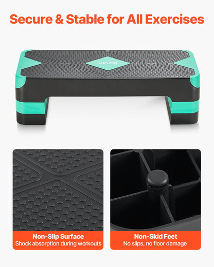 Aerobic Exercise Step Platform, 28-Inch Workout Aerobic Stepper, Height Adjustable Fitness Training Step Deck Trainer with 4 Risers, Non-Slip Surface Bench for Home Gym Cardio Strength, Green