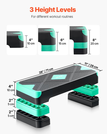 Aerobic Exercise Step Platform, 28-Inch Workout Aerobic Stepper, Height Adjustable Fitness Training Step Deck Trainer with 4 Risers, Non-Slip Surface Bench for Home Gym Cardio Strength, Green