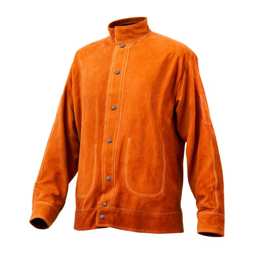 Leather Welding Jacket, Heavy Duty Cowhide Flame Resistant Welding Coat, Waterproof Heat-Resistant Safety Jacket with 4 Pockets & Adjustable Cuffs for Welders Steelworks - L Size