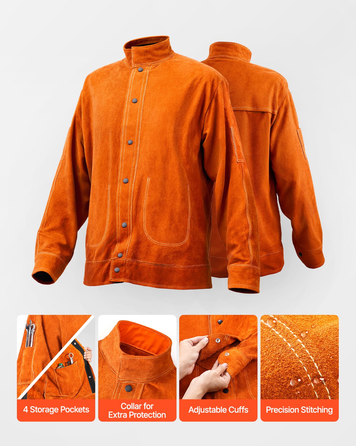Leather Welding Jacket, Heavy Duty Cowhide Flame Resistant Welding Coat, Waterproof Heat-Resistant Safety Jacket with 4 Pockets & Adjustable Cuffs for Welders Steelworks - L Size