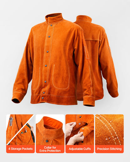 Leather Welding Jacket, Heavy Duty Cowhide Flame Resistant Welding Coat, Waterproof Heat-Resistant Safety Jacket with 4 Pockets & Adjustable Cuffs for Welders Steelworks - L Size