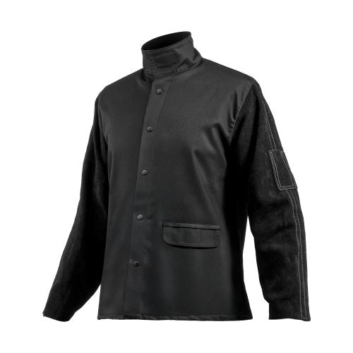 Flame Resistant Welding Jacket, Heavy Duty Split Cowhide Leather Sleeves + 9 oz. FR Pure Cotton Body, Heat-Resistant Welding Safety Jacket for Welder Fitters - XXL Size