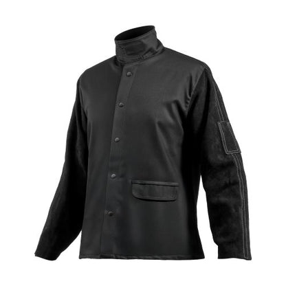 Flame Resistant Welding Jacket, Heavy Duty Split Cowhide Leather Sleeves + 9 oz. FR Pure Cotton Body, Heat-Resistant Welding Safety Jacket for Welder Fitters - XXL Size