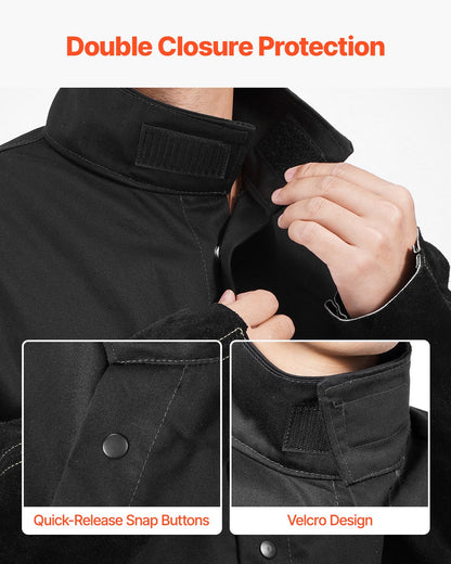 Flame-Resistant Welding Jacket - L Size, Heavy Duty Split Cowhide Leather Sleeve + 9 oz. FR Cotton Body, Heat-Resistant Welding Safety Jacket with Snap Buttons & Pockets, Ideal for Welder Fitter