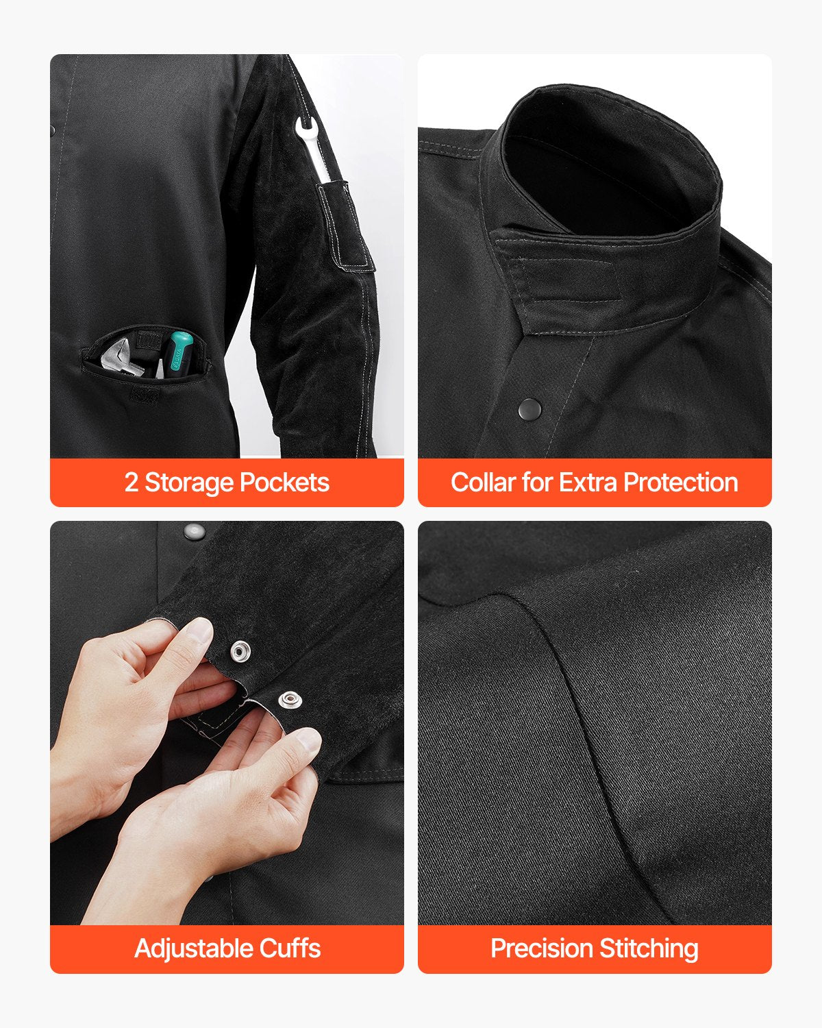 Flame-Resistant Welding Jacket - L Size, Heavy Duty Split Cowhide Leather Sleeve + 9 oz. FR Cotton Body, Heat-Resistant Welding Safety Jacket with Snap Buttons & Pockets, Ideal for Welder Fitter