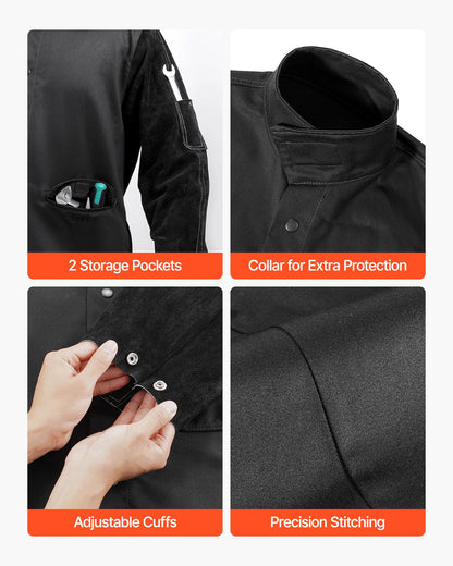 Flame-Resistant Welding Jacket - L Size, Heavy Duty Split Cowhide Leather Sleeve + 9 oz. FR Cotton Body, Heat-Resistant Welding Safety Jacket with Snap Buttons & Pockets, Ideal for Welder Fitter