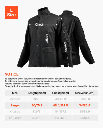 Flame-Resistant Welding Jacket - L Size, Heavy Duty Split Cowhide Leather Sleeve + 9 oz. FR Cotton Body, Heat-Resistant Welding Safety Jacket with Snap Buttons & Pockets, Ideal for Welder Fitter