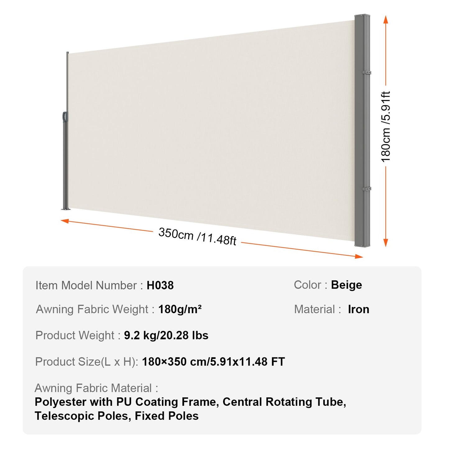 Einziehbare Seitenmarkise, 180 x 350 cm, Sichtschutz für den Außenbereich, wasserdichter einziehbarer Terrassenschirm aus 180 g Polyester, UV 30+ Raumteiler-Windschutz für Terrasse, Hinterhof, Balkon, Beige