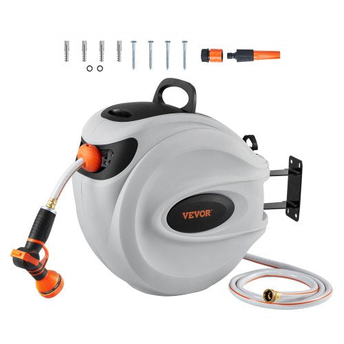 Retractable Hose Reel, 100 ft x 1/2 inch, 180° Swivel Bracket Wall-Mounted, Garden Water Hose Reel with 9-Pattern Nozzle, Automatic Rewind, Lock at Any Length, and Slow Return System