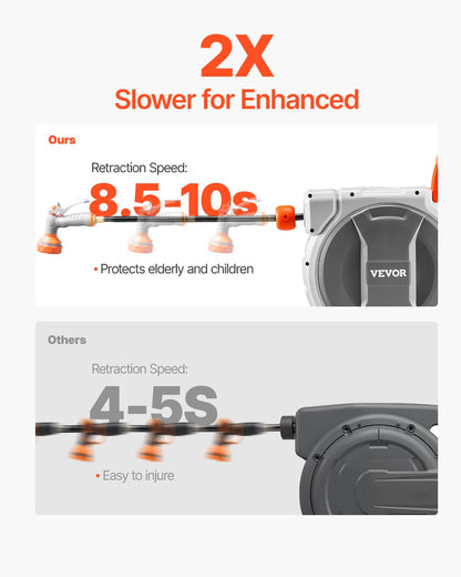 Retractable Garden Hose Reel, 1/2 Inch x 84 ft Wall Mounted Hose Reel, Heavy Duty Garden Hose Reel with 9 Patterns Nozzle, Any Length Lock, Upgraded Slow Return System and 180°Swivel Bracket