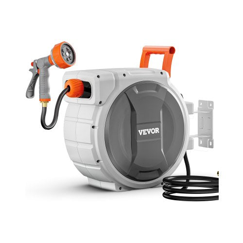 Retractable Garden Hose Reel, 1/2 Inch x 145 ft Wall Mounted Hose Reel, Heavy Duty Garden Hose Reel with 9 Patterns Nozzle, Any Length Lock, Upgraded Slow Return System and 180°Swivel Bracket