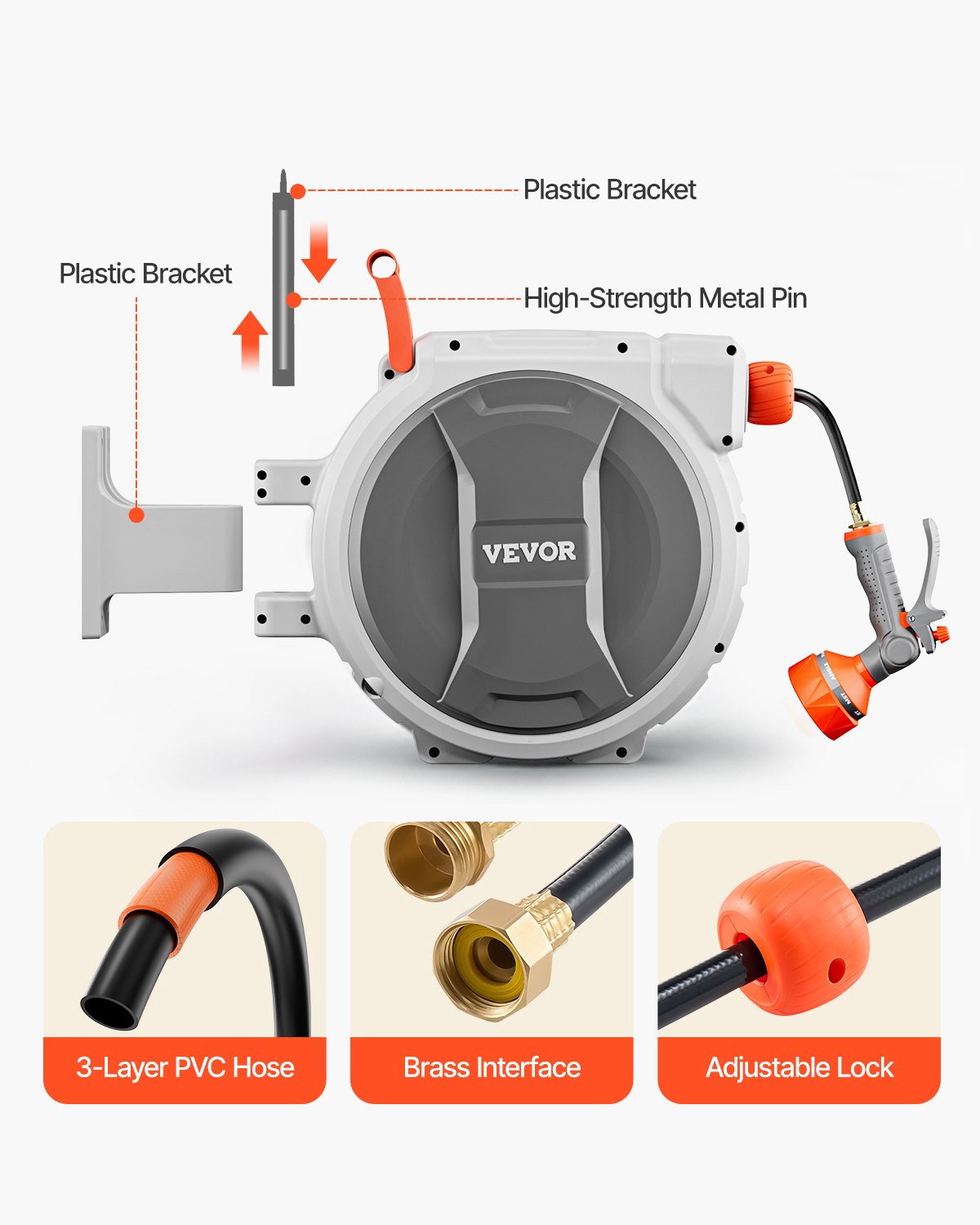 Retractable Garden Hose Reel, 1/2 Inch x 65 ft Wall Mounted Hose Reel, Heavy Duty Garden Hose Reel with 9 Patterns Nozzle, Any Length Lock, Upgraded Slow Return System and 180°Swivel Bracket