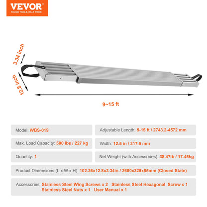 Telescoping Aluminum Work Plank, 9-15 Feet 500lbs Capacity, 12.5 inch Width Aluminum Scaffold Plank,Extension Staging Plank with Skid-Proof Platform Scaffold Ladder Accessory