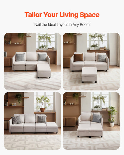Modular Sectional Sofa, 3-Seater Modular Sofa with Hidden Storage, Cloud Sectional Couch with Ottoman & High Rebound Sponge, Solid Wood Frame Upholstered Couch for Living Room, Bedroom, Beige