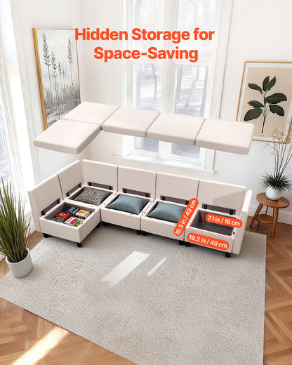 Modular Sectional Sofa, Modern 5-Seater Modular Sofa with Hidden Storage, Cloud Sectional Couch with High Rebound Sponge, Solid Wood Frame Upholstered Comfy Couch for Living Room, Bedroom, Beige