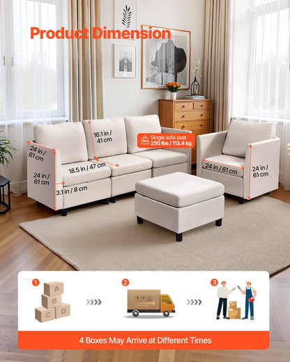 Modular Sectional Sofa, Modern 5-Seater Modular Sofa with Hidden Storage, Cloud Sectional Couch with High Rebound Sponge, Solid Wood Frame Upholstered Comfy Couch for Living Room, Bedroom, Beige