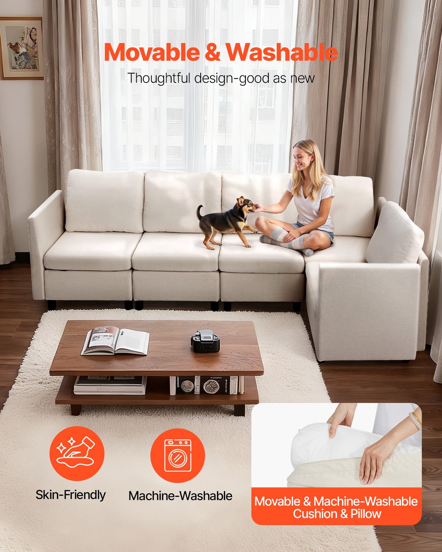 Modular Sectional Sofa, Modern 5-Seater Modular Sofa with Hidden Storage, Cloud Sectional Couch with High Rebound Sponge, Solid Wood Frame Upholstered Comfy Couch for Living Room, Bedroom, Beige