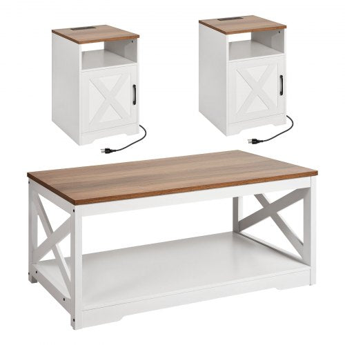 3 Pieces Farmhouse Coffee Table Sets, 40 in Industrial Coffee Table with 2 End Side Tables, Easy Assembly Coffee and End Tables Sets with Charging Station, for Office, Living Room & Apartment