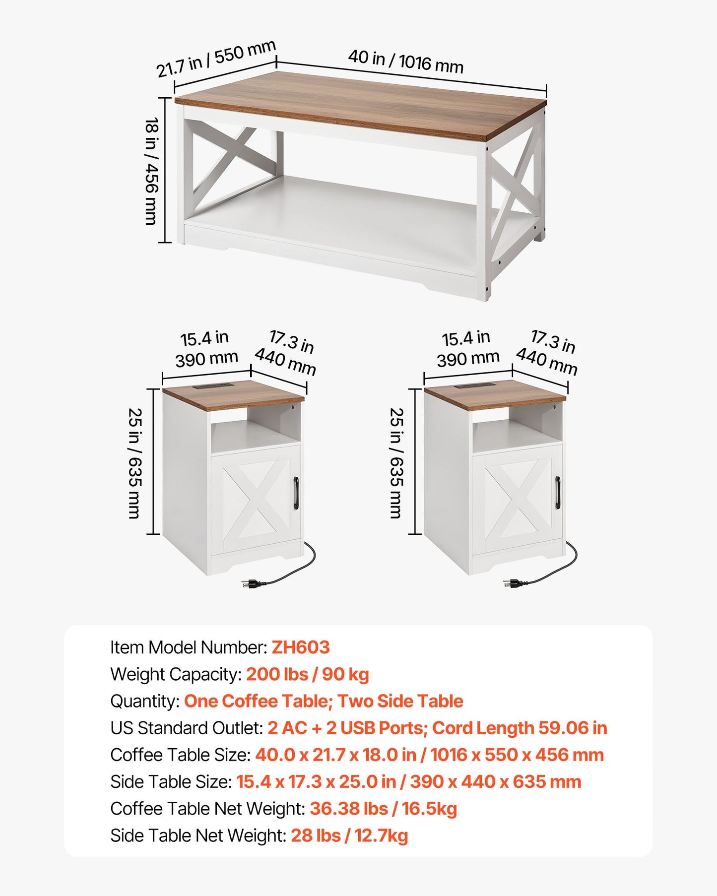 3 Pieces Farmhouse Coffee Table Sets, 40 in Industrial Coffee Table with 2 End Side Tables, Easy Assembly Coffee and End Tables Sets with Charging Station, for Office, Living Room & Apartment