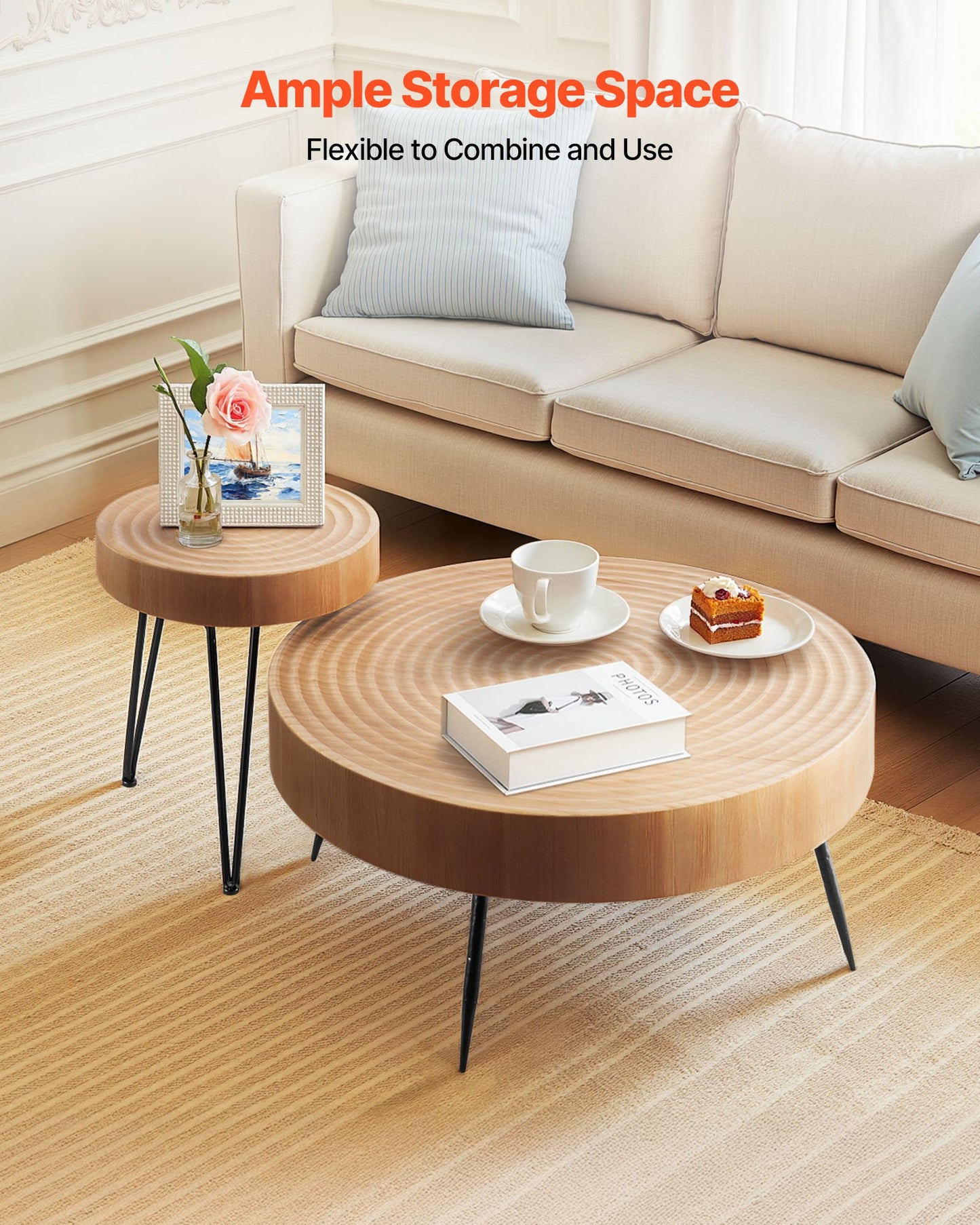 2 Pieces Round Coffee Tables Sets, 31.3 in Industrial Living Room Table with 1 End Side Table, Easy Assembly Coffee and End Tables Sets with Metal Legs, for Office, Living Room and Apartment