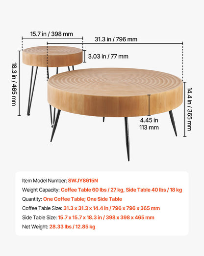 2 Pieces Round Coffee Tables Sets, 31.3 in Industrial Living Room Table with 1 End Side Table, Easy Assembly Coffee and End Tables Sets with Metal Legs, for Office, Living Room and Apartment