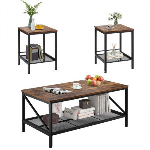 3 Pieces Living Room Table Sets, 41.3 in Industrial Coffee Table with 2 Square End Side Tables, Easy Assembly Coffee and End Tables Sets with Metal Legs, for Office, Living Room & Apartment