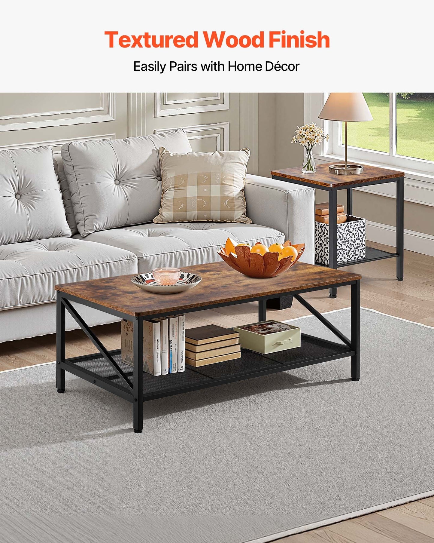 3 Pieces Living Room Table Sets, 41.3 in Industrial Coffee Table with 2 Square End Side Tables, Easy Assembly Coffee and End Tables Sets with Metal Legs, for Office, Living Room & Apartment