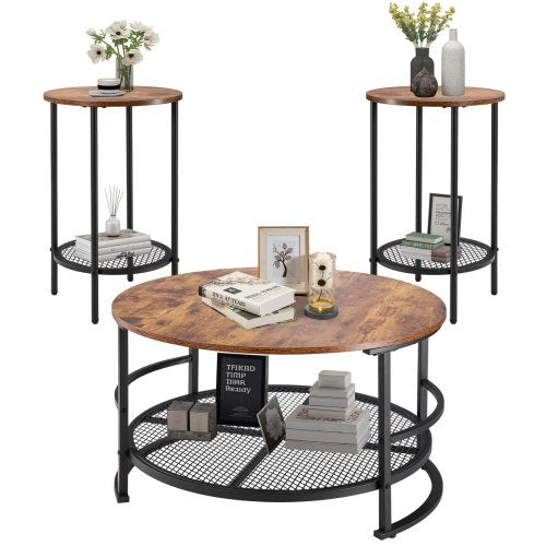 3 Pieces Round Coffee Table Sets, 31.5 in Industrial Living Room Table with 2 End Side Tables, Easy Assembly Coffee and End Tables Sets with Metal Legs, for Office, Living Room and Apartment