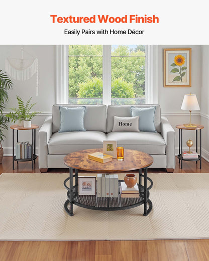 3 Pieces Round Coffee Table Sets, 31.5 in Industrial Living Room Table with 2 End Side Tables, Easy Assembly Coffee and End Tables Sets with Metal Legs, for Office, Living Room and Apartment