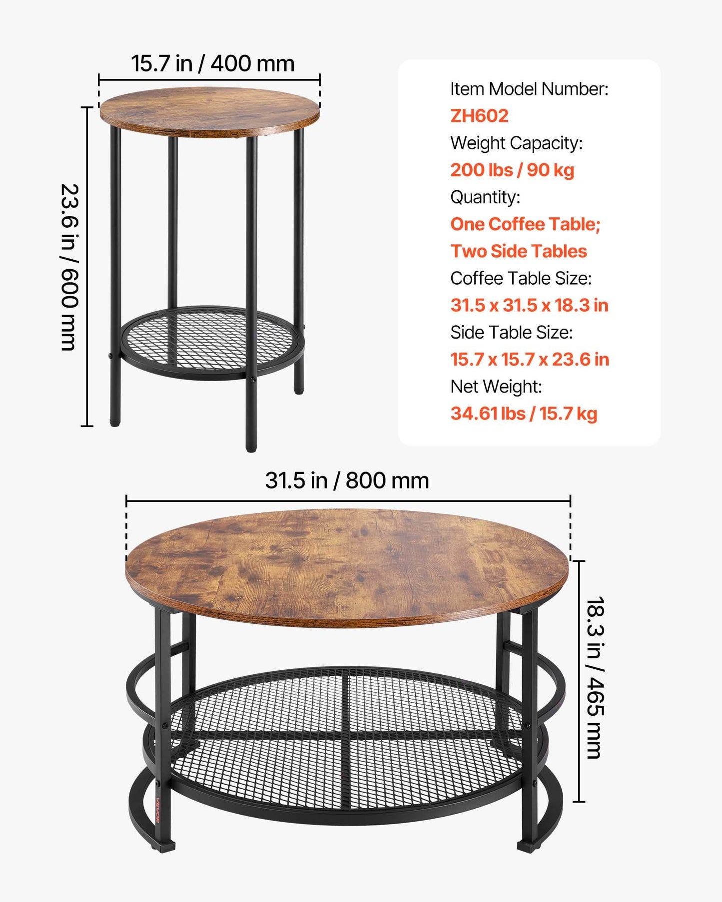 3 Pieces Round Coffee Table Sets, 31.5 in Industrial Living Room Table with 2 End Side Tables, Easy Assembly Coffee and End Tables Sets with Metal Legs, for Office, Living Room and Apartment