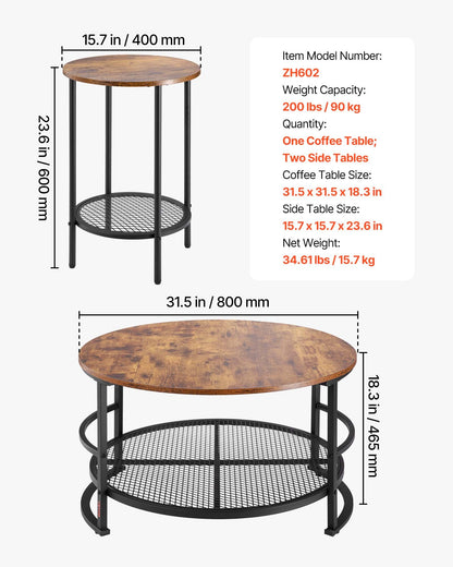 3 Pieces Round Coffee Table Sets, 31.5 in Industrial Living Room Table with 2 End Side Tables, Easy Assembly Coffee and End Tables Sets with Metal Legs, for Office, Living Room and Apartment
