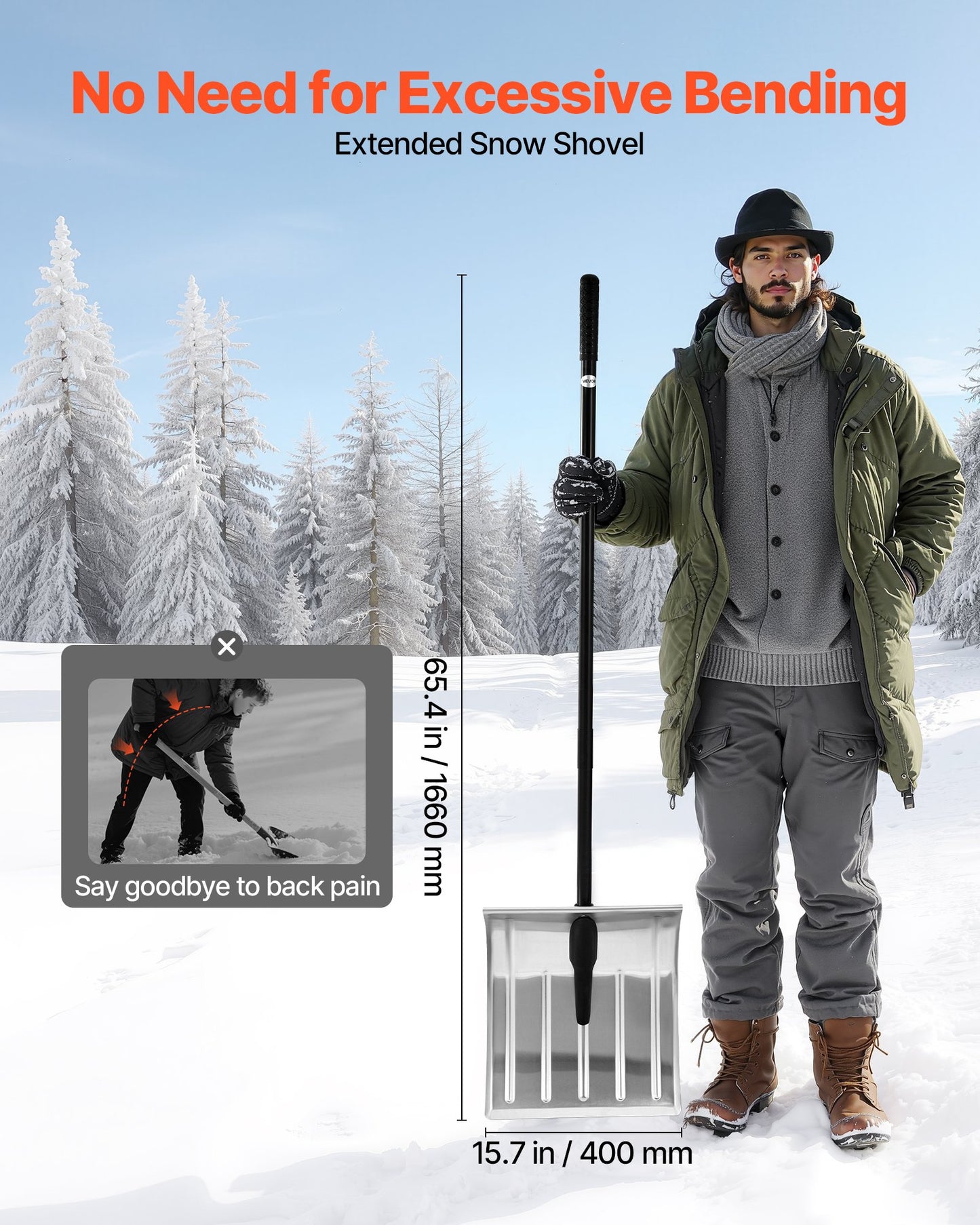 Snow Shovel for Driveway, 16 in Wide Aluminum Alloy Snow Shovel, Non Slip Grip, Large Capacity Snowplow Shovels, Detachable & Lightweight Snows Removal Tool for Garden Car Camping Outdoors