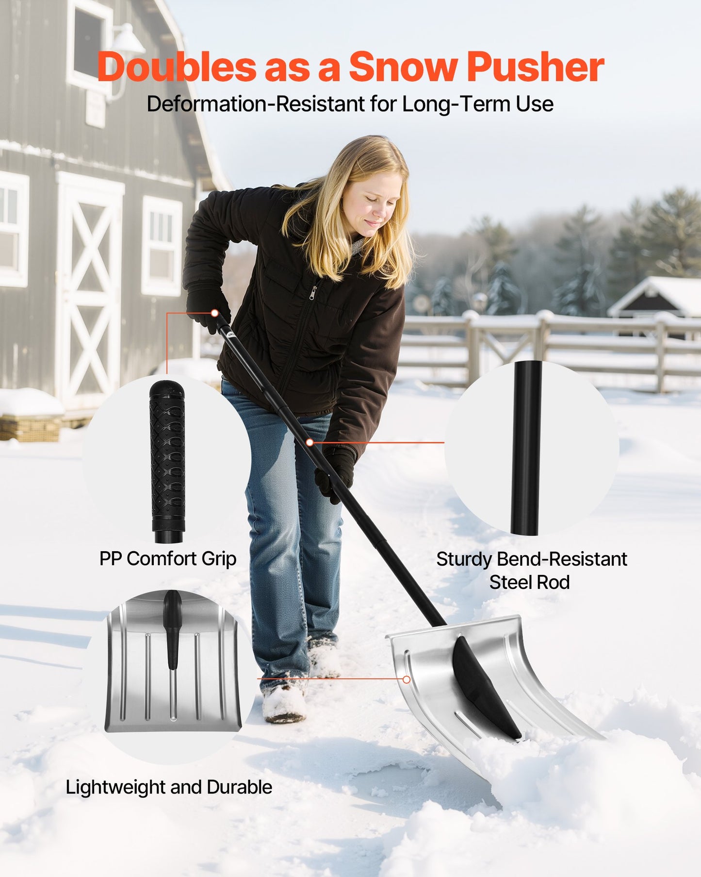 Snow Shovel for Driveway, 16 in Wide Aluminum Alloy Snow Shovel, Non Slip Grip, Large Capacity Snowplow Shovels, Detachable & Lightweight Snows Removal Tool for Garden Car Camping Outdoors
