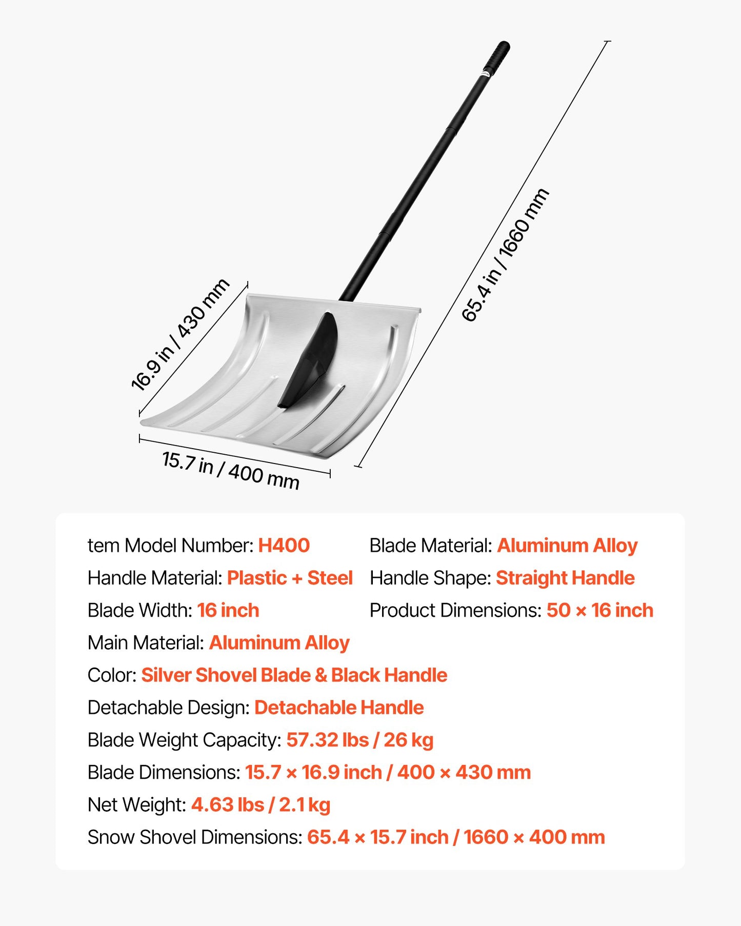 Snow Shovel for Driveway, 16 in Wide Aluminum Alloy Snow Shovel, Non Slip Grip, Large Capacity Snowplow Shovels, Detachable & Lightweight Snows Removal Tool for Garden Car Camping Outdoors