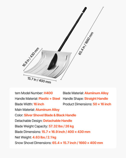 Snow Shovel for Driveway, 16 in Wide Aluminum Alloy Snow Shovel, Non Slip Grip, Large Capacity Snowplow Shovels, Detachable & Lightweight Snows Removal Tool for Garden Car Camping Outdoors
